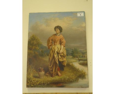 W R Waters 1800-1870 a Fine quality oil painting on canvas of a Young Lady by a riverside standing next to a water jug signed