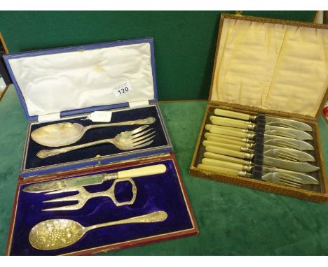 3 x boxed cases of cutlery, silver plated cake fork and serving spoon, a strawberry serving set comprising fork, knife and je