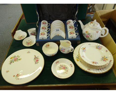 Royal Worcester pattern Roamoke a boxed 6 place coffee set with saucers, tea pot, cream jug and sugar basin, cake plate, 2 x 