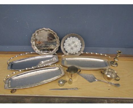 Metalware to include serving dishes, cake slice and candlestick etc&nbsp;