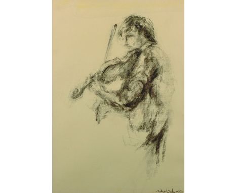 Eiko Yoshimoto (1937-   ) Japanese. "Study of First Violin Turning", Charcoal, Signed, 16" x 11.25".