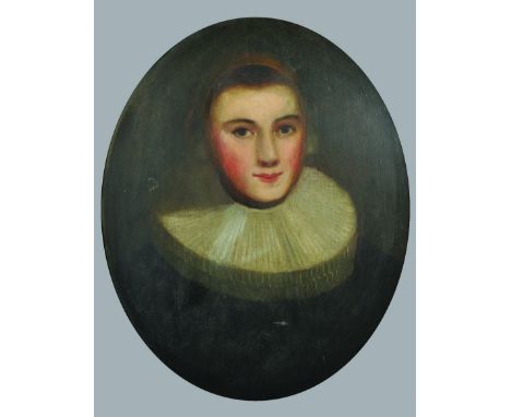 Late 18th Century English School. Portrait of a Lady wearing a Ruff, Oil on Panel, Oval, 20" x 16", and the companion piece, 