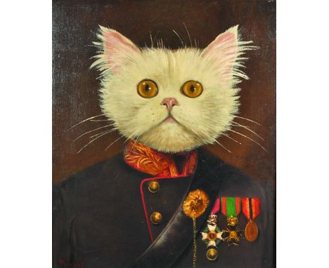 Thierry Poncelet (1946-    ) Belgian. & Karel Jongelinghs (1871-    ) Belgian. An Anthropomorphic Portrait, of a Cat Dressed 