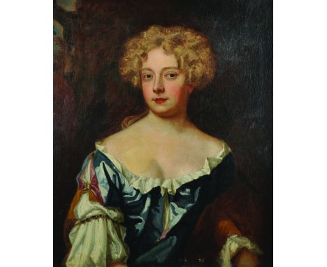 18th Century English School. Portrait of a Lady, Wearing a Blue Dress with White Edging, Oil on Canvas, 30" x 25".