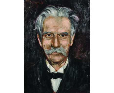 20th Century American School. Portrait of a Man with a Moustache, wearing a Black Bowtie, Oil on Board, Unframed, 15" x 11".