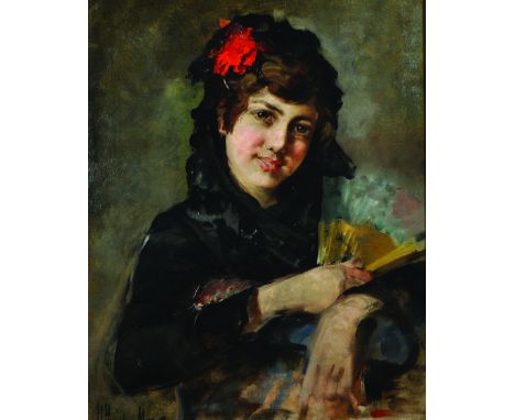 Harry Humphrey Moore (1844-1926) American. Portrait of a Spanish Beauty Holding a Fan, Oil on Canvas, Signed, 20" x 16".