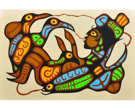 Norval H... Morrisseau (1932-2007) Canadian. "My Grandson and the Birds", Coloured Lithograph, Signed, Titled and numbered 34