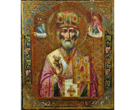 19th Century Russian School. St Nicholas The Miracle Worker, flanked by Christ and his Mother, Icon, Oil with polychrome and 
