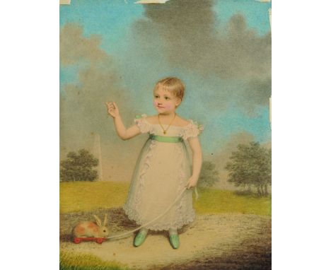Adam Buck (1759-1833) British. Full Length Portrait of a Young Child, Standing in a Landscape, Dressed in White, with Blue Sa