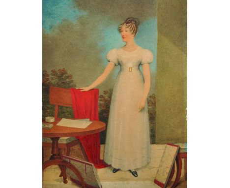 Adam Buck (1759-1833) British. Full Length Portrait of a Lady, Dressed in White, beside a Chair and Table, Watercolour, Signe