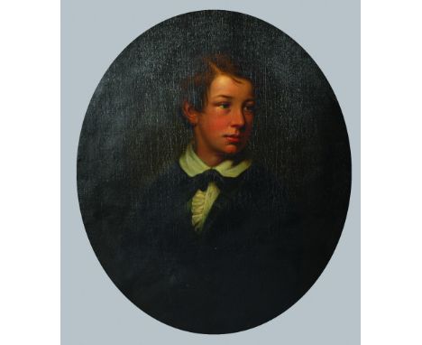 Early 19th Century English School. Portrait of a Boy, Oil on Canvas, Oval, in a Fine Carved Giltwood Frame, 29" x 24.5".