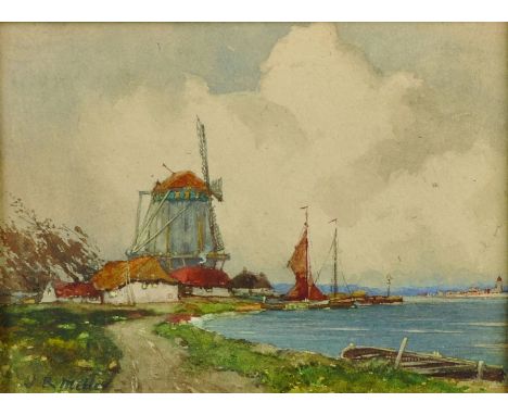 J... R... Miller (exh.1880-1912) British. A Dutch Coastal Scene, with Sail Boats, Watercolour, Signed, 5.5" x 7.5".