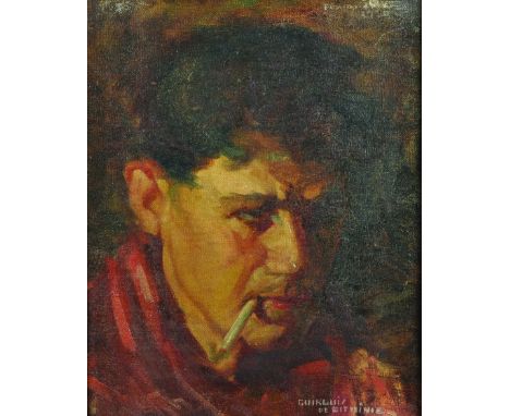 20th Century French School. Portrait of a Man, Smoking a Cigarette, Oil on Canvas, Indistinctly Signed and Inscribed, 13" x 1