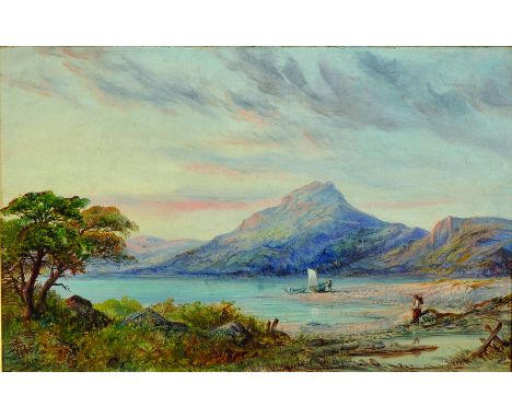 J... R... Bollams (19th Century) British. A Highland River Landscape, with Figures by a Boat, Oil on Canvas laid down, Signed