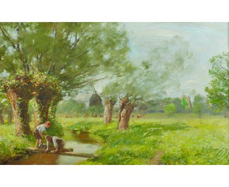 David Murray (1849-1933) British. Two Young Boys, Playing by a Stream, Oil on Canvas, Signed and Dated 1903, 12" x 18".
