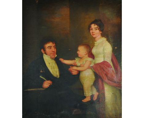 18th Century English School. Portrait of a Mother and Father with a Young Child, in an Interior, Oil on Canvas, Unframed, 55.