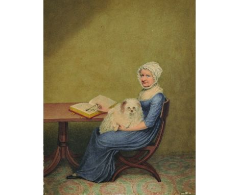 Adam Buck (1759-1833) British. Portrait of a Seated Lady, in a Blue Dress with White Bonnet, with a Dog on her lap, Watercolo