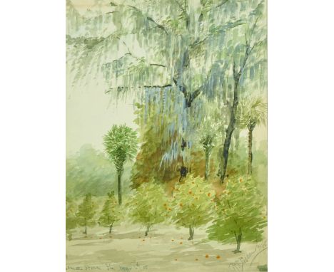 R... T... Bellmont (19th - 20th Century) American. 'Palmetto Haven, Florida', a Garden Scene, Watercolour, Indistinctly Signe