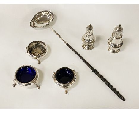 HM SILVER SALTS WITH TWO HM SILVER CRUETS &amp; WINE LADLE - APPROX 10 OZ