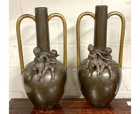 PAIR OF BRONZE VASES WITH CHERUBS - 26 CMS (H) APPROX