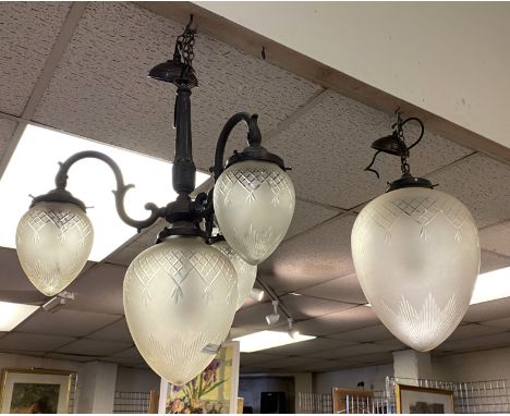ETCHED GLASS 4 SHADE CEILING LIGHT TOGETHER WITH A MATCHING LARGE SINGLE LIGHT