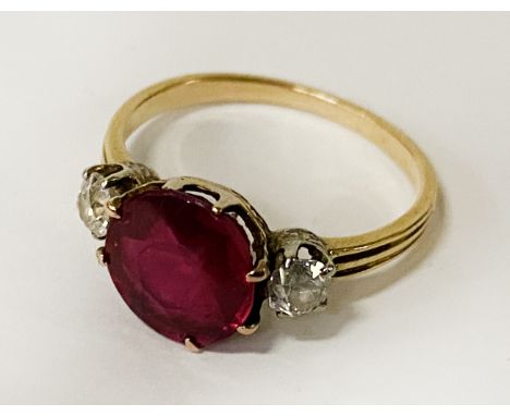 9CT GOLD RING WITH TWO DIAMONDS TO THE SHOULDER (RUBY TESTED, COULD BE SYNTHETIC) - SIZE N 