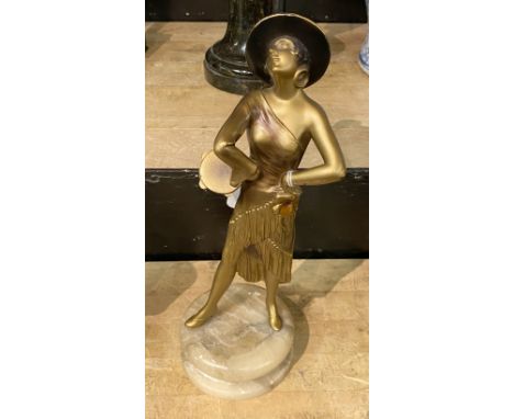 BRONZE ART DECO FIGURE - TAMBOURINE GIRL - 27CMS (H) APPROX
