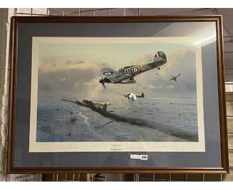 ROBERT TAYLOR LTD EDITION PRINT OF THE BATTLE OF BRITAIN , SIGNED BY THE ACE PILOTS (NAMES ON BACK)