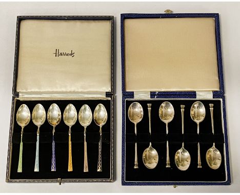 CASE OF 6 STERLING SILVER &amp; ENAMEL TEASPOONS WITH ANOTHER SET OF H/M SILVER TEASPOONS