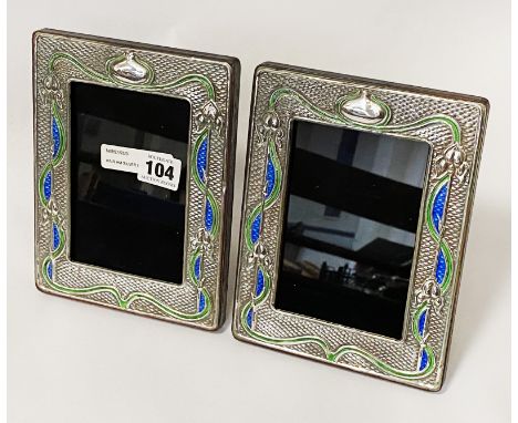 PAIR HM SILVER &amp; ENAMEL PHOTO FRAMES 19CMX X 14CMS