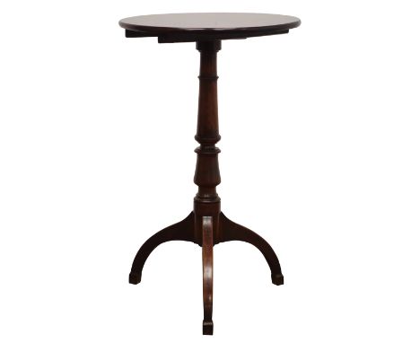 Early 19th century mahogany tripod table, circular snap top on turned column with three angular curved legs with spade feet, 