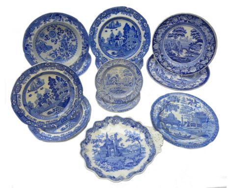 Collection of 19th century English transfer printed plates; Spode 'Tiber' pattern, Davenport leaf moulded dish printed with F