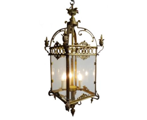 20th century brass three light hall lantern, square section openwork frame with bevelled glass panels, H100cm  Condition Repo