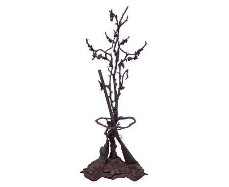 Victorian style cast iron hunting/shooting hall stand, branch and leaf design with shot gun by  trunk, dead hare, other game 