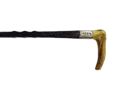 Late Victorian antler handled walking stick, carved ebony shaft with three blackthorn style moulded bands and silver collar i