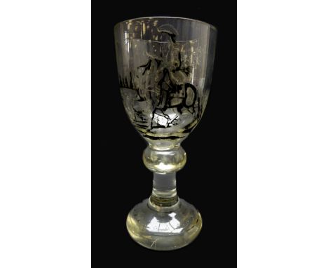 19th/ early 20th century German 'Historismus' glass goblet with monochrome enamelled bowl and foot depicting a hunting scene 