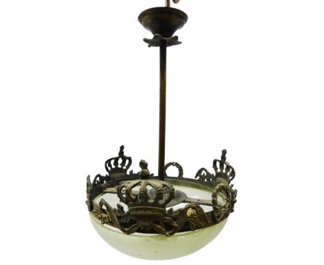 Regency style gilt metal centre light fitting, the circular frame surmounted with three Crowns and wreaths above a domed fros