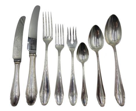 German silver canteen of Chippendale pattern cutlery by Koch & Bergfeld Bremen circa 1925, twelve place nine piece settings, 