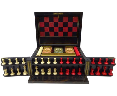 Victorian coromandel Games Compendium containing folding Chess & Backgammon board, red stained & natural Chess, Draughts piec