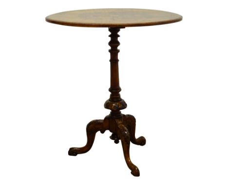 Victorian walnut tripod table, inlaid oval top on turned column with three leaf carved cabriole legs, W63cm, D46cm, H70cm Con