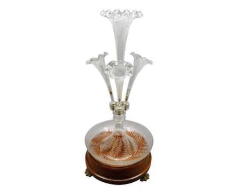 Clear glass epergne, four trumpet vases with frill rim and frosted fern decoration, H49cm with a circular oak stand on brass 