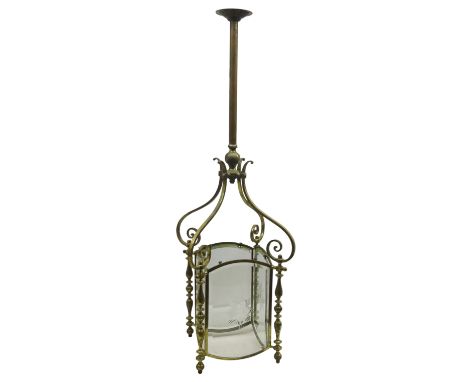Victorian brass hall light fitting, with four star cut bevelled glass plates and baluster turned columns on scrolled supports