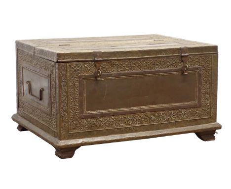 Middle Eastern brass covered hardwood box with hinged half lid, decorated in relief with scrolled leafage and foliage, angula