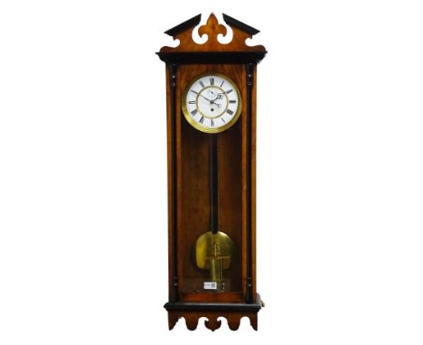 19th century Vienna walnut and ebony banded wall clock, with angular pediment, white enamel Roman dial with subsidiary second