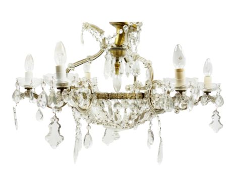 Continental six branch glass chandelier with gilt metal frame, scrolling glass branches with flower head mounts, hung with fa