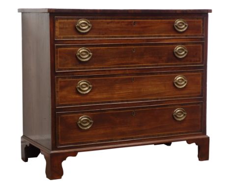 George lll rosewood, satinwood crossbanded and boxwood strung chest of four long cockbeaded drawers with oval brass handles o