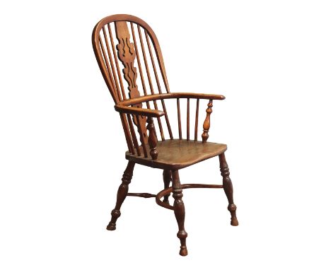 Early 19th century ash and elm high back Windsor armchair, shaped pierced splat and stick back, turned supports joined by cri