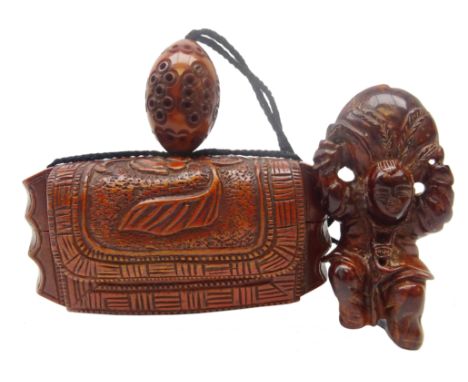 Japanese Meiji red lacquer inro carved in relief with foliage and geometric borders W8.5cm with carved burr figural Netsuke a