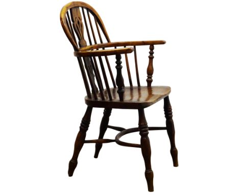 19th century yew and elm low back Windsor armchair, pierced splat and stick back, turned supports with a crinoline stretcher,