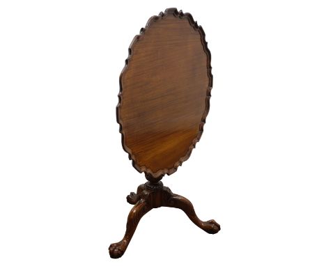 George III style mahogany tripod table stamped Gostin, circular pie crust birdcage tilt top on twist and acanthus turned supp